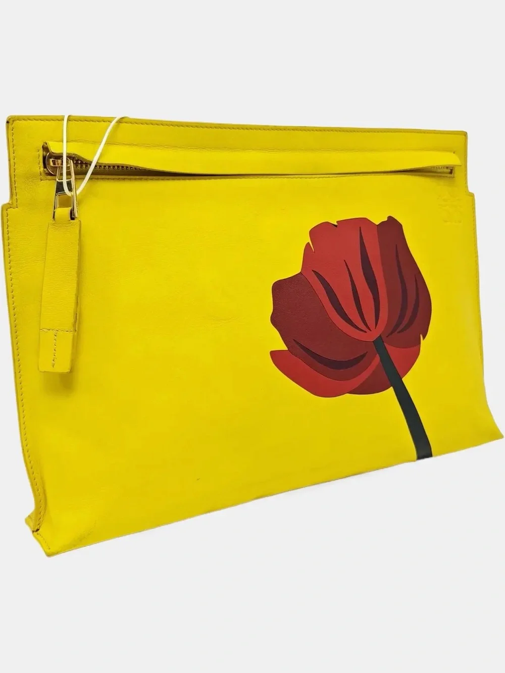 Loewe Pouch Yellow Leather Clutch with Red Floral Graphic